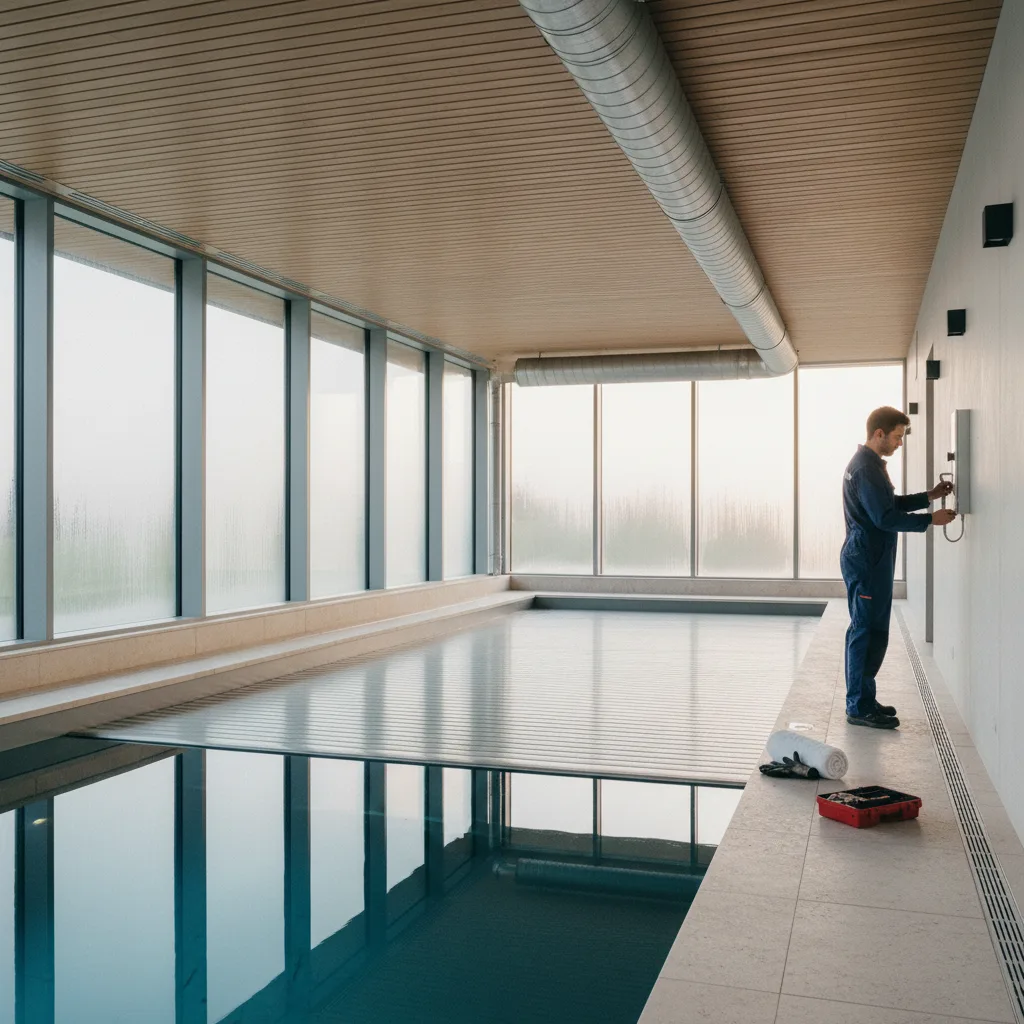 Piscine int&eacute;rieure haut de gamme avec grande baie vitr&eacute;e